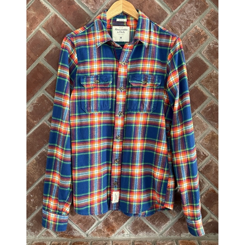 Y2K‎ Vintage Abercrombie & Fitch Muscle Flannel Shirt M Blue Orange Plaid Thick